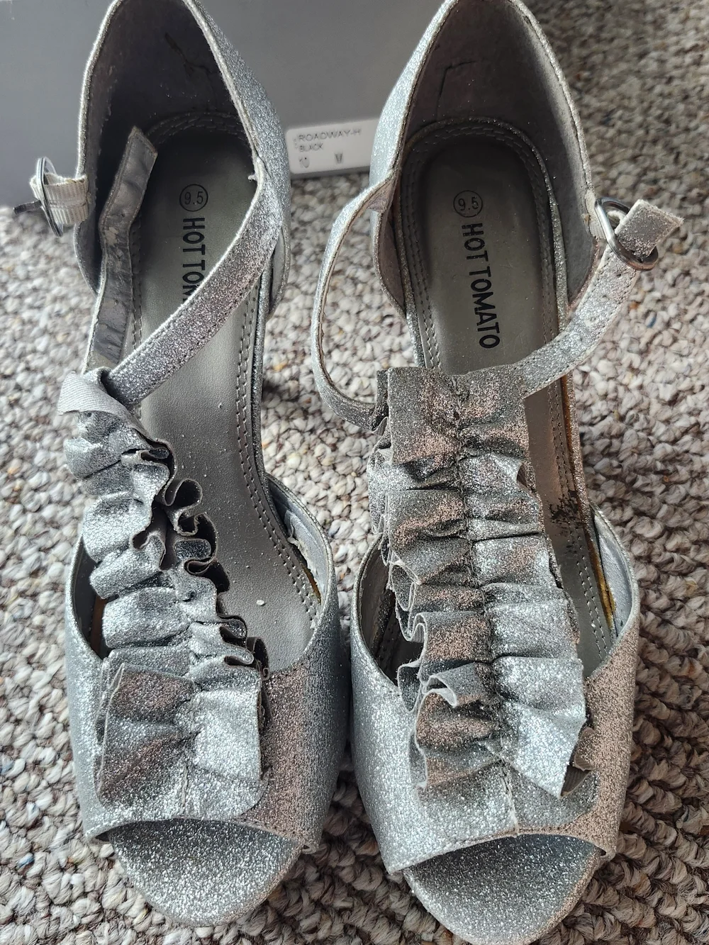 Hot Tomato Silver Glitter Ruffle Peep-Toe Heels